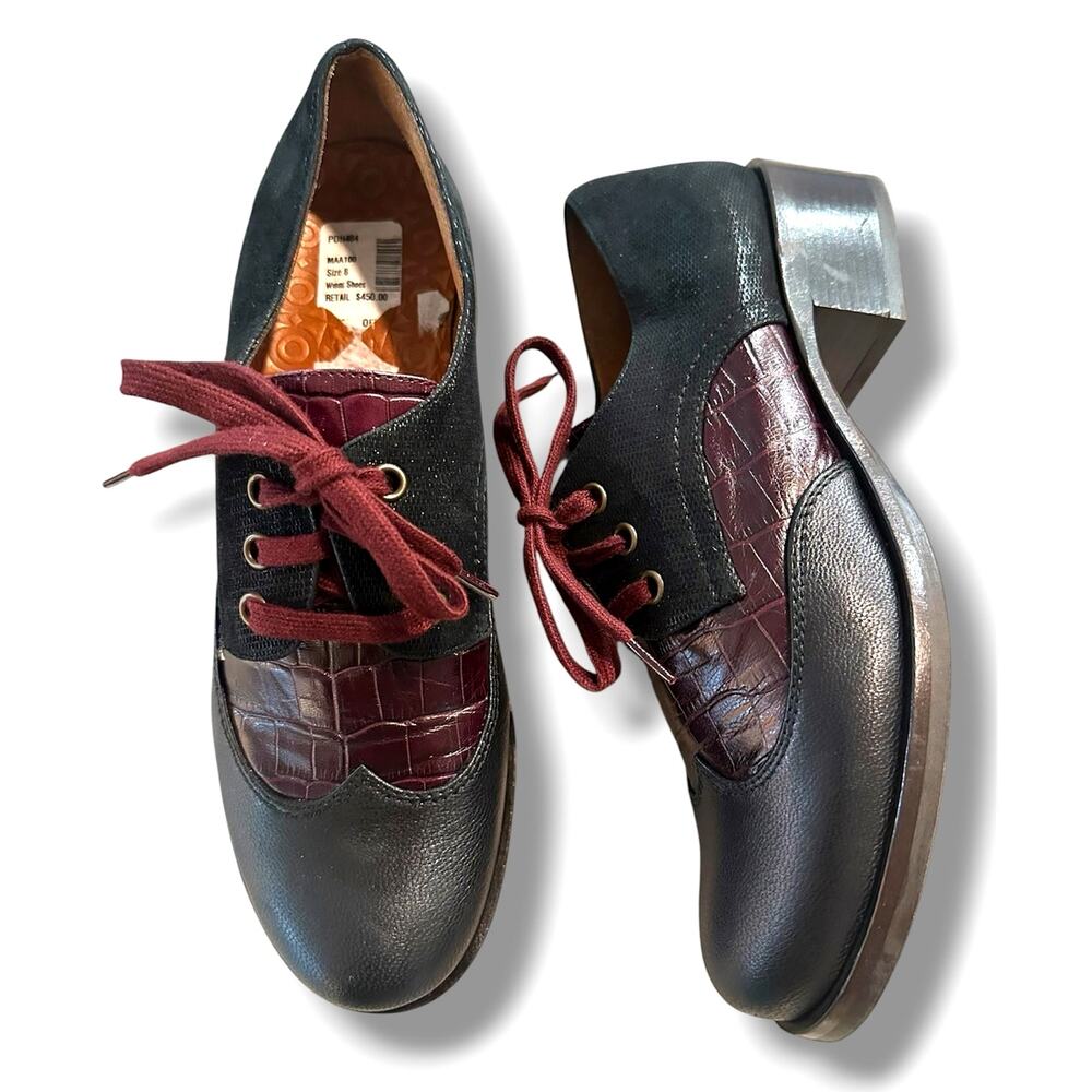 Chie Mihara Xeli Two-Tone Black/Burgundy Leather Block Heel Oxfords Size 38 $450 - Picture 4 of 17